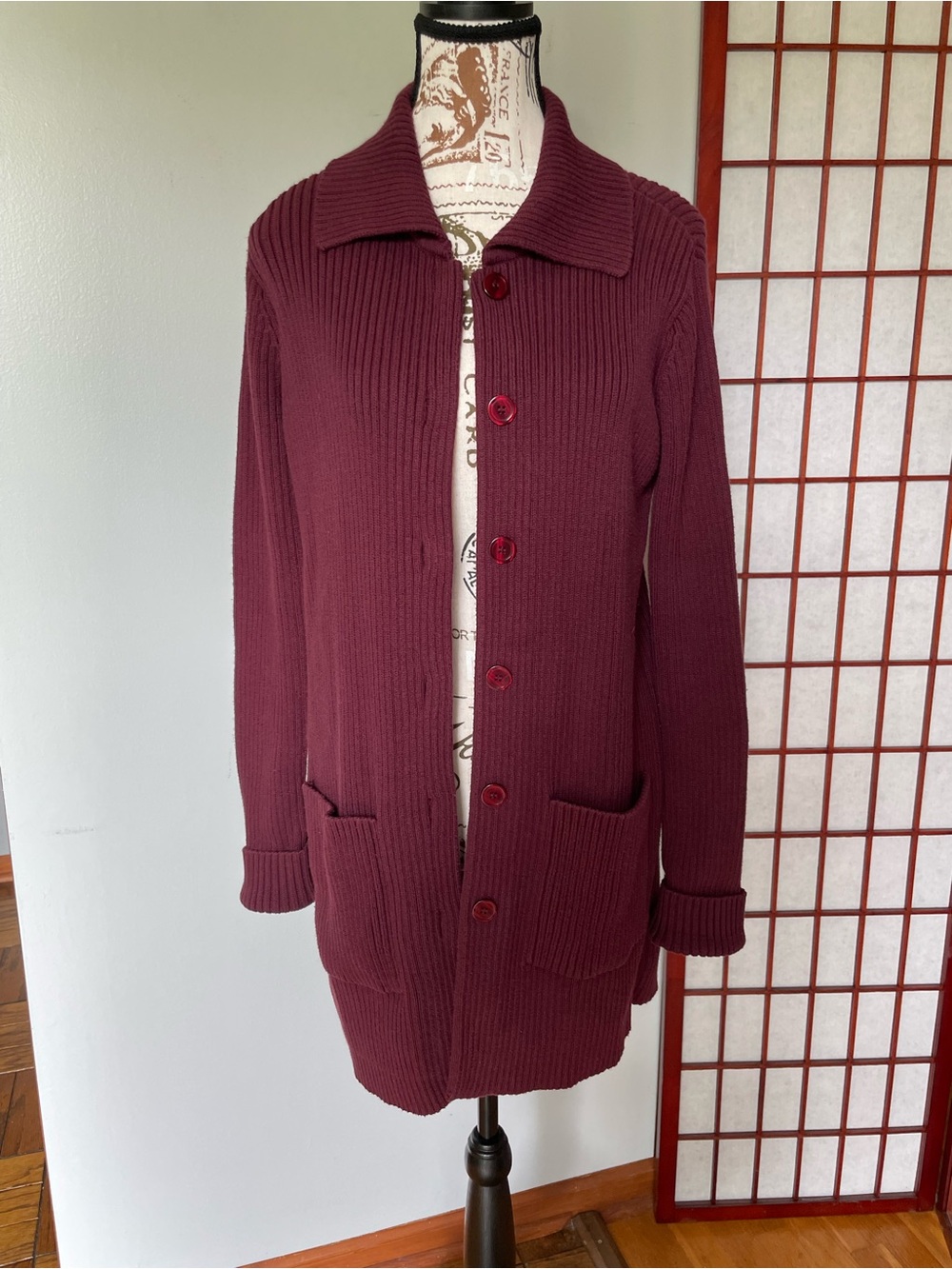 Crazy Horse by Liz Claiborne Long Ribbed Burgundy Cardigan, Size S